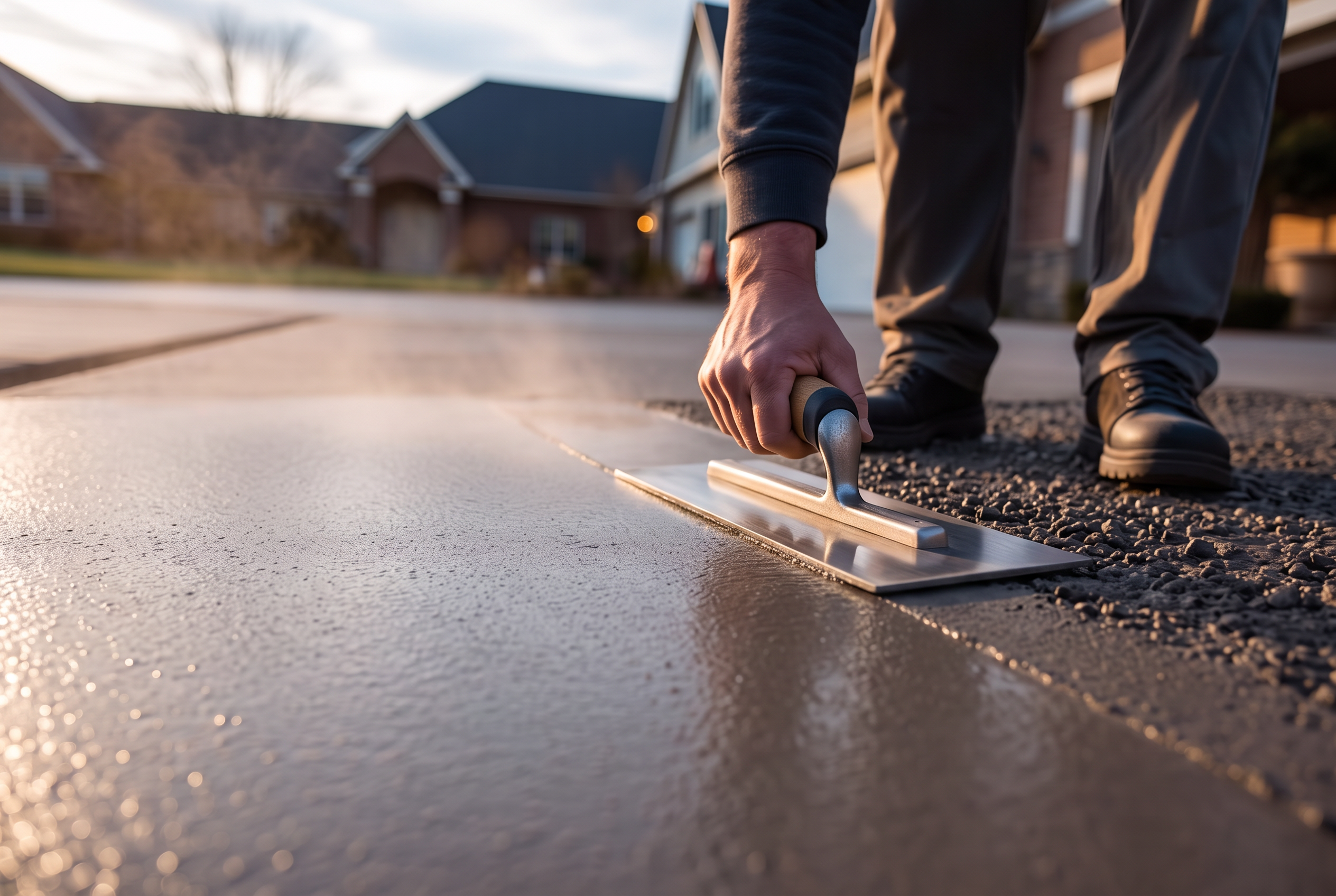 Concrete finisher smoothing a fresh driveway pour